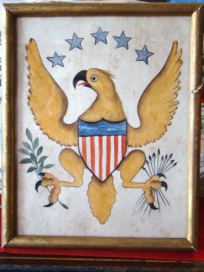 A charming 19th century hand painted American eagle on woven paper circa 1845-1865
